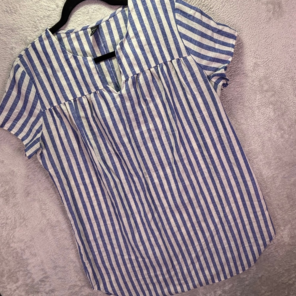 Emery Rose Womens Tunic Large Blue White Striped Split Neck‎ Short Sleeve Blouse